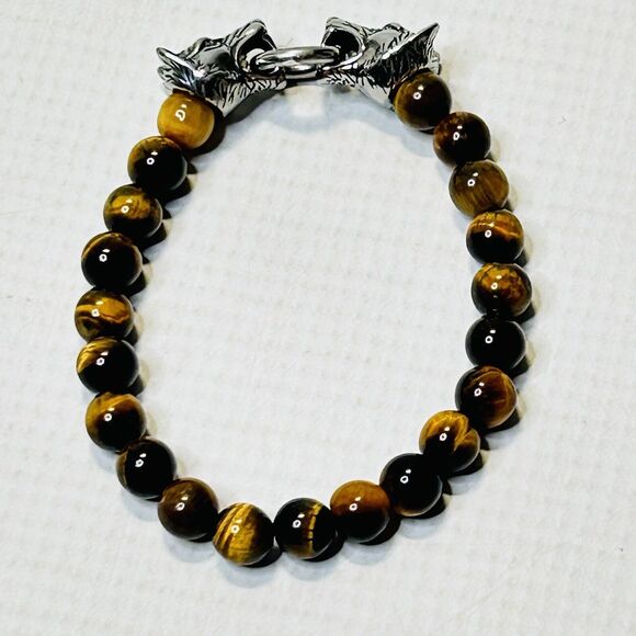Tigers Eye Wolf Heads Bracelet Stainless Steel, Brown, Stretch, Spiritual Unisex - Picture 4 of 5